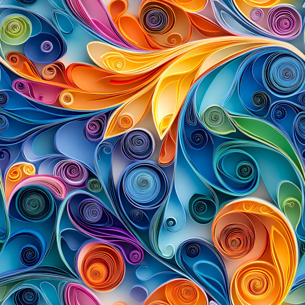 vibrant colors, paper quilling, swirled patterns, spiral designs, abstract art, orange, blue, purple, green, pink, yellow, teal, flowing curves, dimensional appearance, modern artistic,, fabric panel, rolled paper effect, contemporary style, colorful swirls