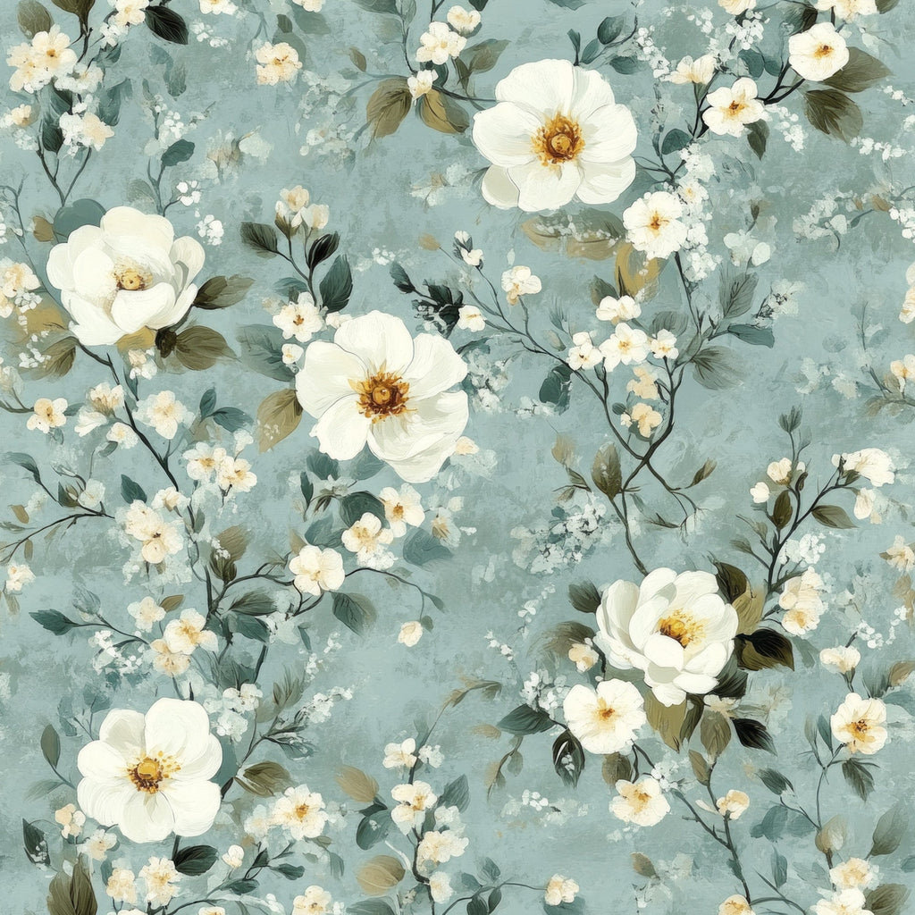 cornflower blue, sage green, cream white, golden yellow, floral pattern, botanical design, roses, small flowers, delicate blooms, leaves, branches, vintage style, romantic mood,, fabric panel, watercolor effect, soft pastels, feminine design, garden flowers, repeating pattern