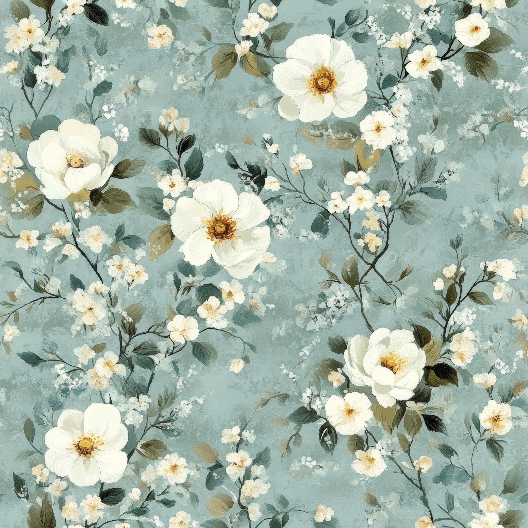 cornflower blue, sage green, cream white, golden yellow, floral pattern, botanical design, roses, small flowers, delicate blooms, leaves, branches, vintage style, romantic mood,, fabric panel, watercolor effect, soft pastels, feminine design, garden flowers, repeating pattern