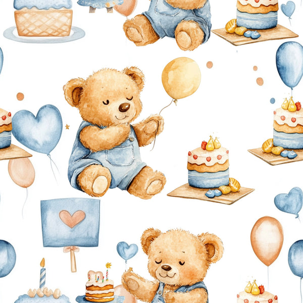 blue teddy bear, baby boy, watercolor style,, fabric panel, birthday theme, balloons, cake slices, heart shapes, pastel colors, orange accents, children's pattern, nursery design, cute animals, party elements, soft illustration, repeating motifs, baby fabric, craft material, sewing supplies