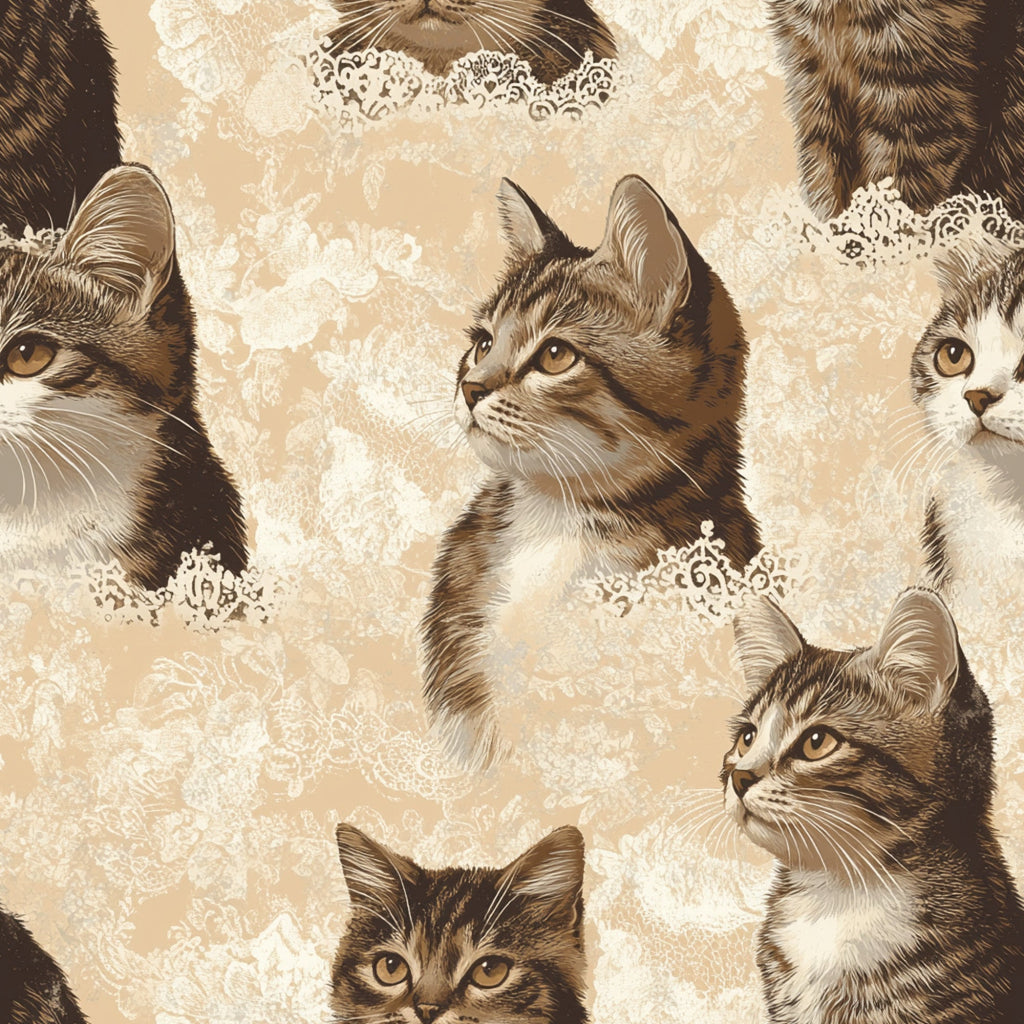 vintage cats, sepia tones, beige background, tabby cats, lace patterns, ornate details, realistic portraits, feline faces, brown shades, cream colors, decorative elements,, fabric panel, cat lovers, pet themed, intricate lacework, nostalgic style, warm palette, multiple cats, detailed illustration