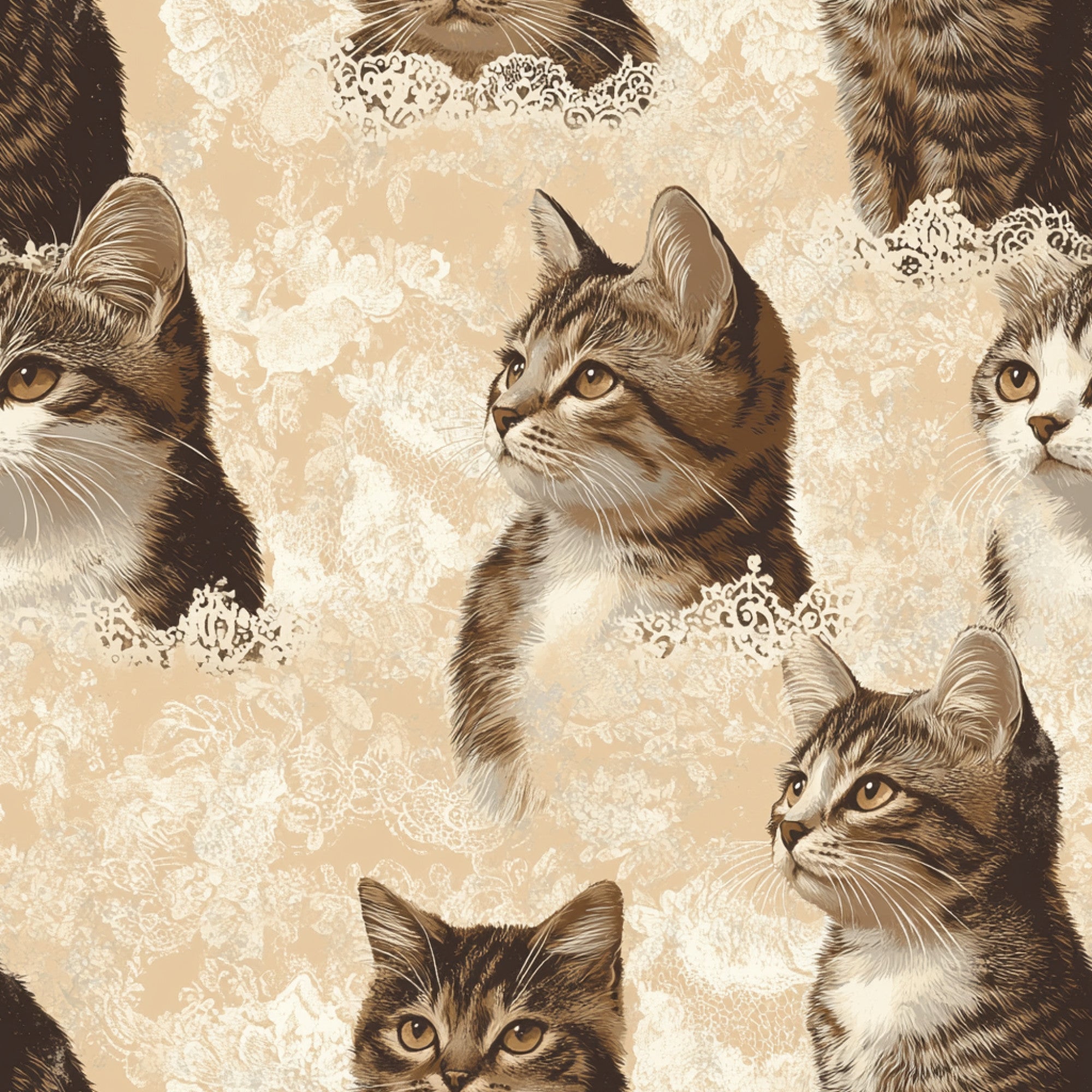 vintage cats, sepia tones, beige background, tabby cats, lace patterns, ornate details, realistic portraits, feline faces, brown shades, cream colors, decorative elements,, fabric panel, cat lovers, pet themed, intricate lacework, nostalgic style, warm palette, multiple cats, detailed illustration