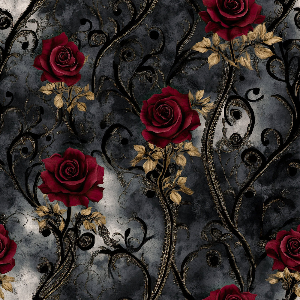deep red roses, burgundy flowers, gold leaves, dark gray background, charcoal gray, ornate scrolls, vintage floral, elegant pattern, gothic romantic, luxurious design, deep red, metallic gold accents, baroque style, classic roses, ornamental vines, formal elegance, romantic style, dark academia, vintage inspired, jewel tone, rich colors, decorative scrollwork, traditional floral, sophisticated design, minky blanket, plush throw, cozy bedding