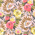 blush pink, hot pink, magenta, bright yellow, gold, olive green, navy, floral, roses, peonies, botanical, leaves, foliage, modern, whimsical, elegant, spring, summer, garden, nature, feminine, colorful, vibrant, multi-color, nursery, kids room, playroom, baby shower, bright and cheerful, decorative