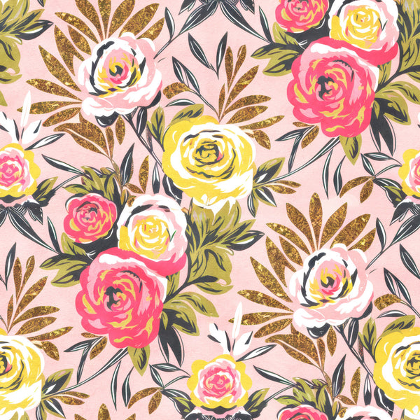 blush pink, hot pink, magenta, bright yellow, gold, olive green, navy, floral, roses, peonies, botanical, leaves, foliage, modern, whimsical, elegant, spring, summer, garden, nature, feminine, colorful, vibrant, multi-color, nursery, kids room, playroom, baby shower, bright and cheerful, decorative