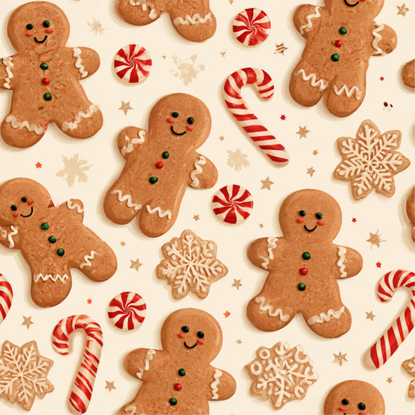 gingerbread, holiday, christmas, festive, candy cane, peppermint, snowflake, red and white striped, cream background, tan, ginger brown, whimsical, playful, winter, seasonal, kids, children, nursery, cute faces, smiling characters, decorative, traditional, cheerful, sweet treats, dessert themed, peppermint candy, star accents