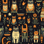 black background, orange, cream, sage green, charcoal gray, egyptian cats, cat themed, ancient egypt, pharaoh, hieroglyphics, floral, flowers, tulips, botanical, geometric, whimsical, playful, celestial, stars, decorative patterns, kids, children, nursery, playroom, fun, cheerful, bold, retro modern, vintage inspired, animal print