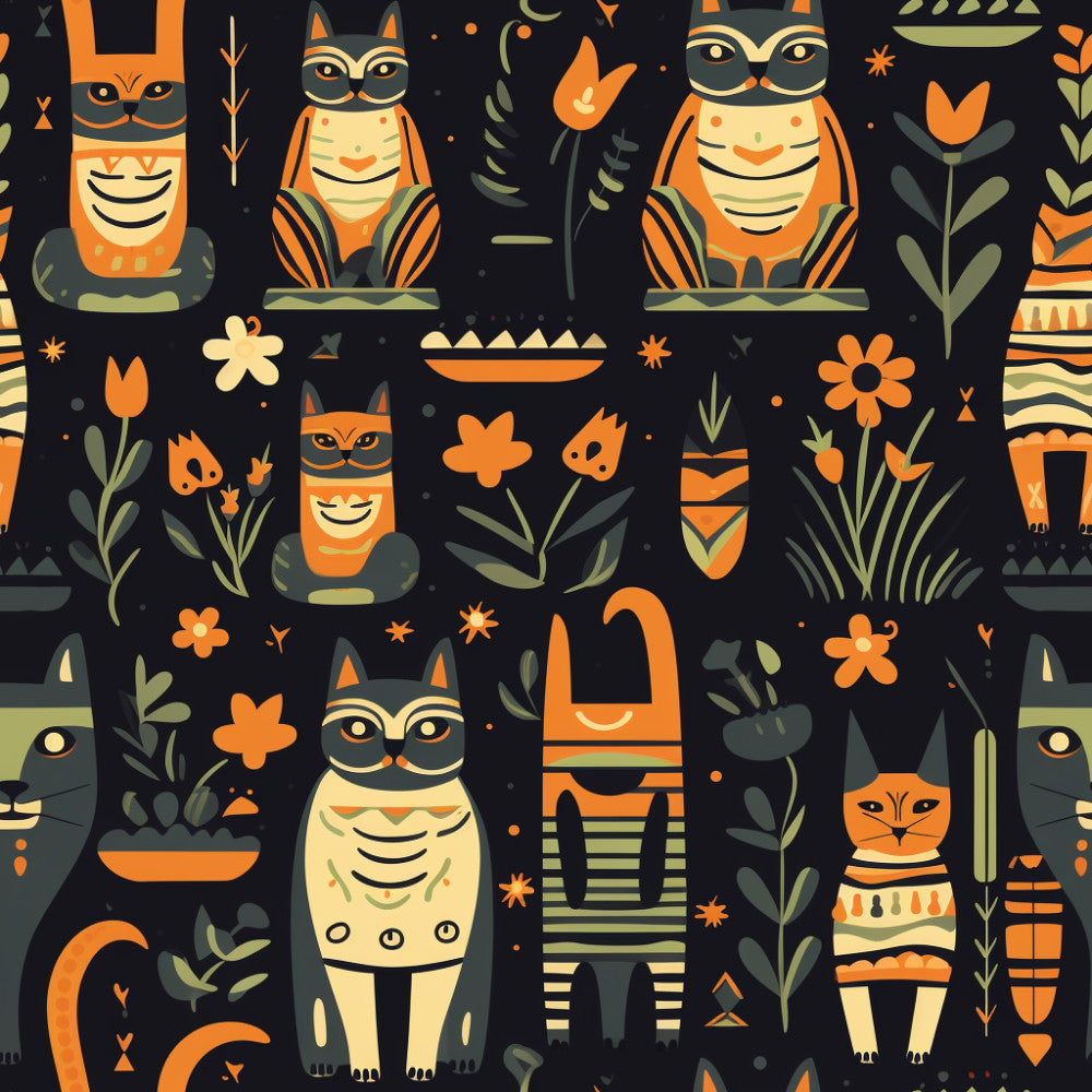 black background, orange, cream, sage green, charcoal gray, egyptian cats, cat themed, ancient egypt, pharaoh, hieroglyphics, floral, flowers, tulips, botanical, geometric, whimsical, playful, celestial, stars, decorative patterns, kids, children, nursery, playroom, fun, cheerful, bold, retro modern, vintage inspired, animal print