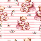 pink, soft pink, blush, teddy bears, baby bears, mother and child, nurturing, striped background, baby bottles, small birds, delicate flowers, ruffled dresses, gingham pattern, kawaii style, sweet, gentle,, fabric panel, nursery theme, baby shower, pastel colors, whimsical illustration, repeating pattern