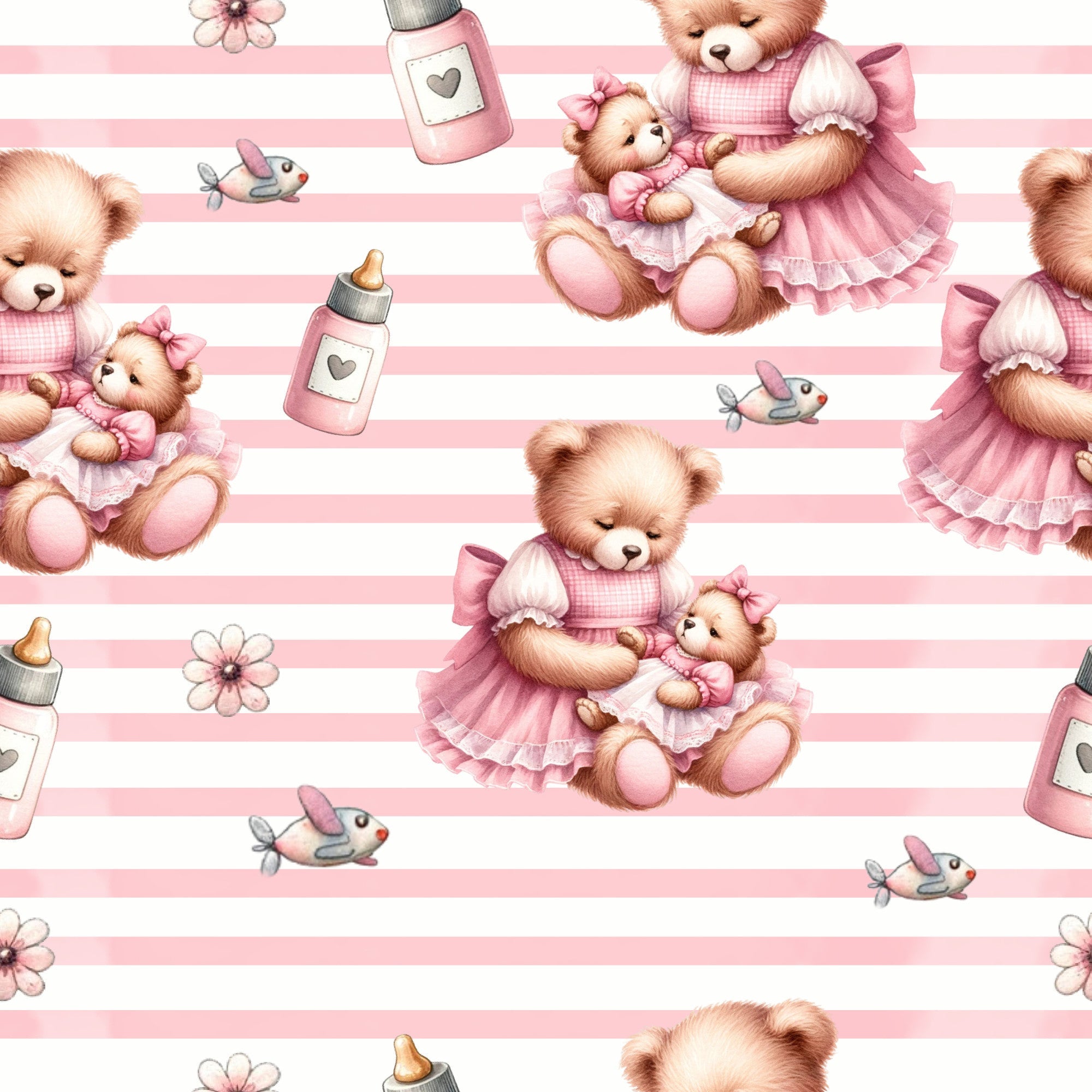 pink, soft pink, blush, teddy bears, baby bears, mother and child, nurturing, striped background, baby bottles, small birds, delicate flowers, ruffled dresses, gingham pattern, kawaii style, sweet, gentle,, fabric panel, nursery theme, baby shower, pastel colors, whimsical illustration, repeating pattern