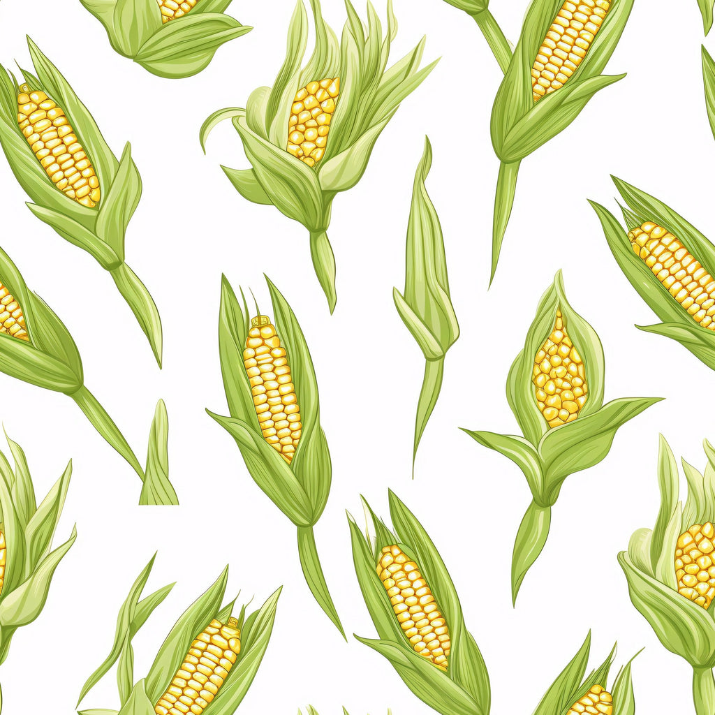 sweet corn, corn cobs, yellow kernels, green husks, corn leaves, botanical pattern, vegetable design, farm fresh, harvest theme, seamless repeat,, fabric panel, natural motifs, agricultural imagery, summer produce, golden yellow, sage green, realistic illustration, garden vegetables, food pattern