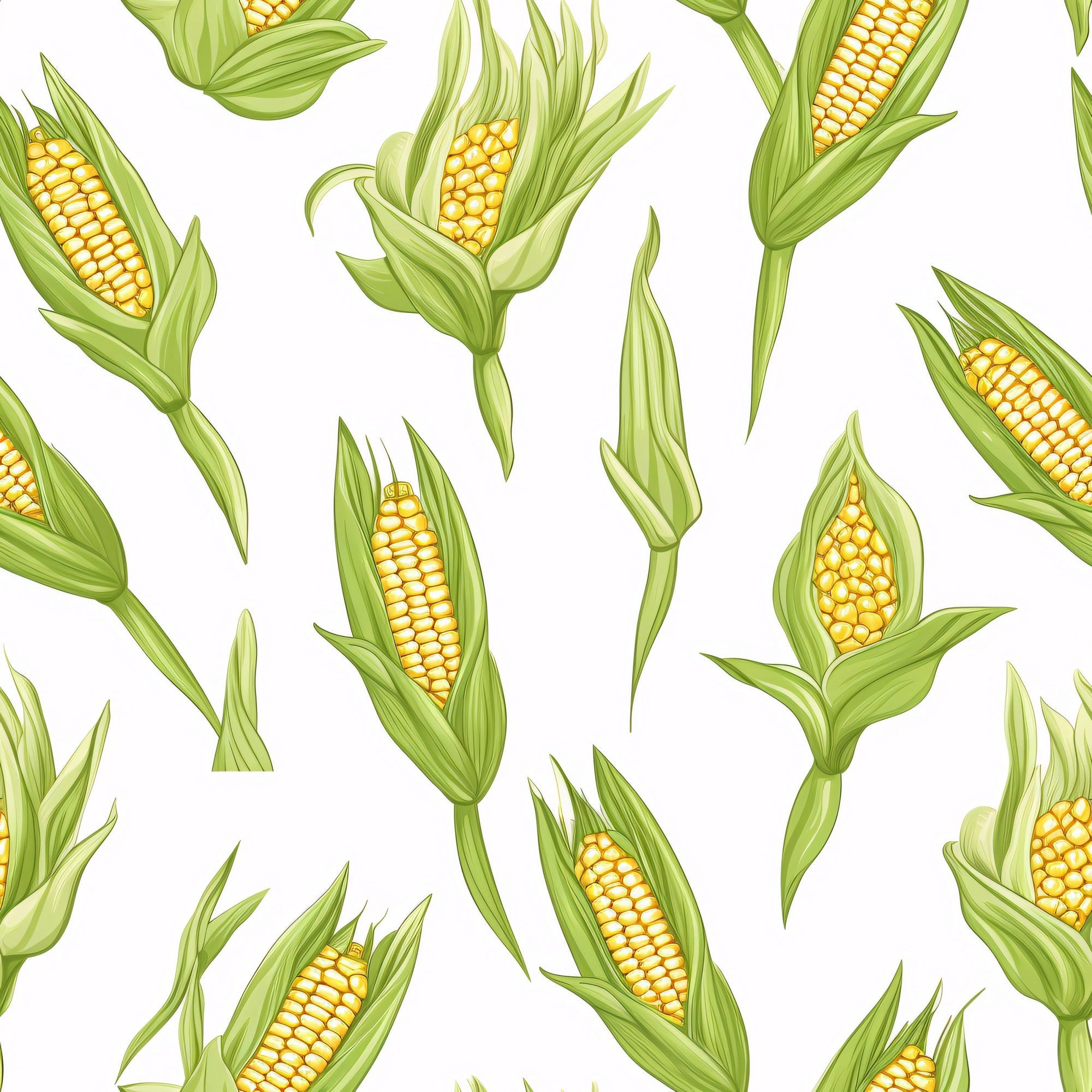 sweet corn, corn cobs, yellow kernels, green husks, corn leaves, botanical pattern, vegetable design, farm fresh, harvest theme, seamless repeat,, fabric panel, natural motifs, agricultural imagery, summer produce, golden yellow, sage green, realistic illustration, garden vegetables, food pattern