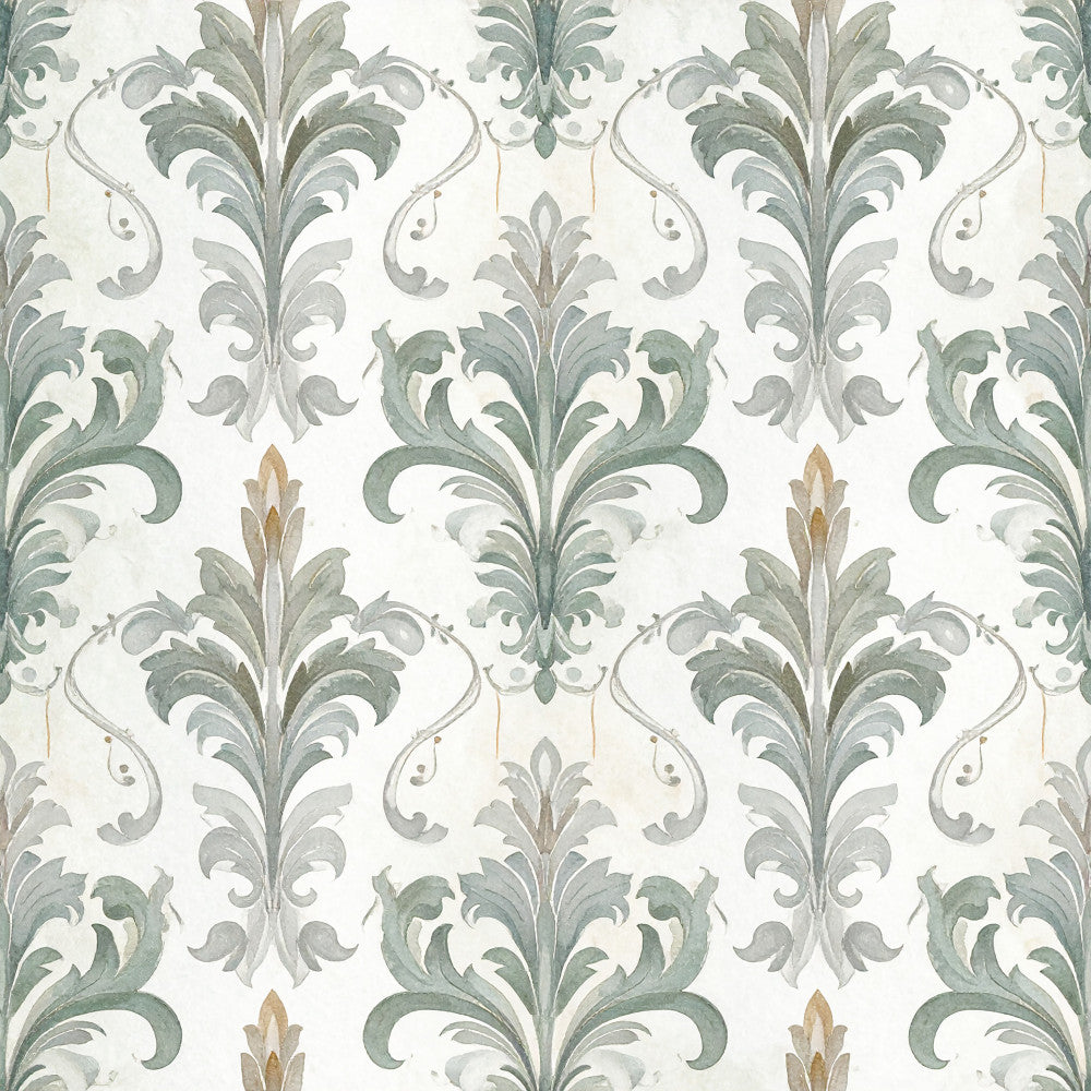 sage green, soft green, taupe, cream, beige, damask, floral, botanical, ornamental, scrolls, acanthus leaves, vintage, traditional, elegant, classic, formal, decorative, nature-inspired, leaf motifs, symmetrical pattern, timeless, sophisticated, home decor, upholstery style, transitional, neutral tones, flourishes, damask pattern, baroque inspired