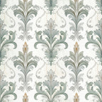 sage green, soft green, taupe, cream, beige, damask, floral, botanical, ornamental, scrolls, acanthus leaves, vintage, traditional, elegant, classic, formal, decorative, nature-inspired, leaf motifs, symmetrical pattern, timeless, sophisticated, home decor, upholstery style, transitional, neutral tones, flourishes, damask pattern, baroque inspired