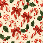 candy cane, peppermint, holly leaves, red berries, red ribbon, red bows, cream, ivory, festive, christmas, holiday, winter, candy, sweets, treats, whimsical, playful, children, kids, traditional, classic, seasonal, lollipop, striped, cheerful, jolly, nostalgic