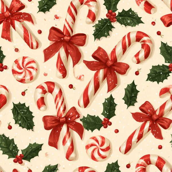 candy cane, peppermint, holly leaves, red berries, red ribbon, red bows, cream, ivory, festive, christmas, holiday, winter, candy, sweets, treats, whimsical, playful, children, kids, traditional, classic, seasonal, lollipop, striped, cheerful, jolly, nostalgic