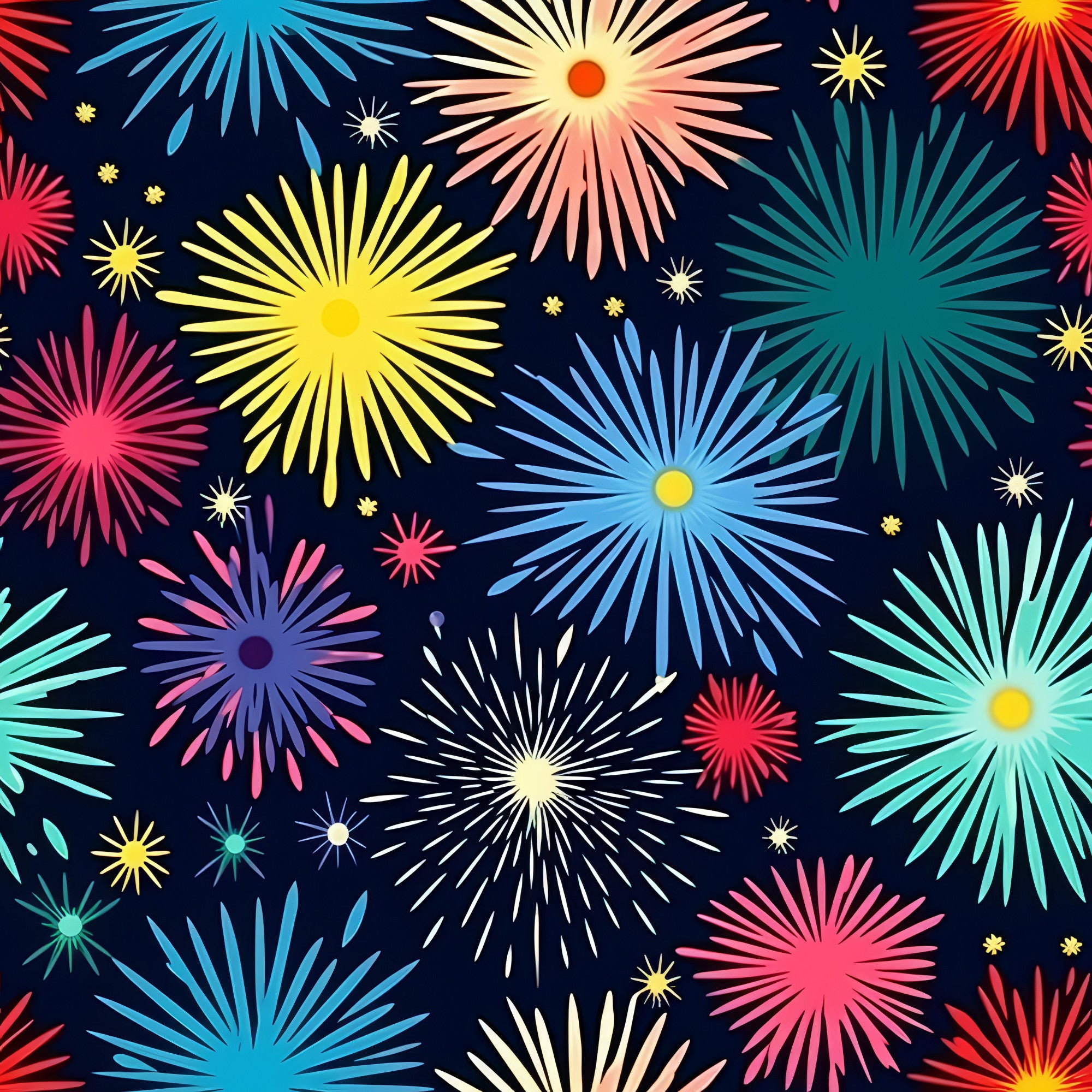 fireworks, starburst, radial design, navy blue background, yellow, pink, turquoise, teal, coral, white, multicolored, celebration, festive, geometric bursts,, fabric panel, bright colors, explosive pattern, night sky, holiday theme