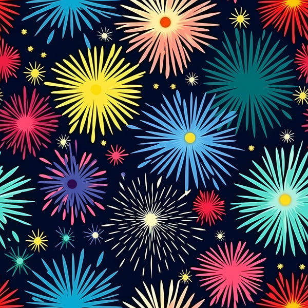 fireworks, starburst, radial design, navy blue background, yellow, pink, turquoise, teal, coral, white, multicolored, celebration, festive, geometric bursts,, fabric panel, bright colors, explosive pattern, night sky, holiday theme