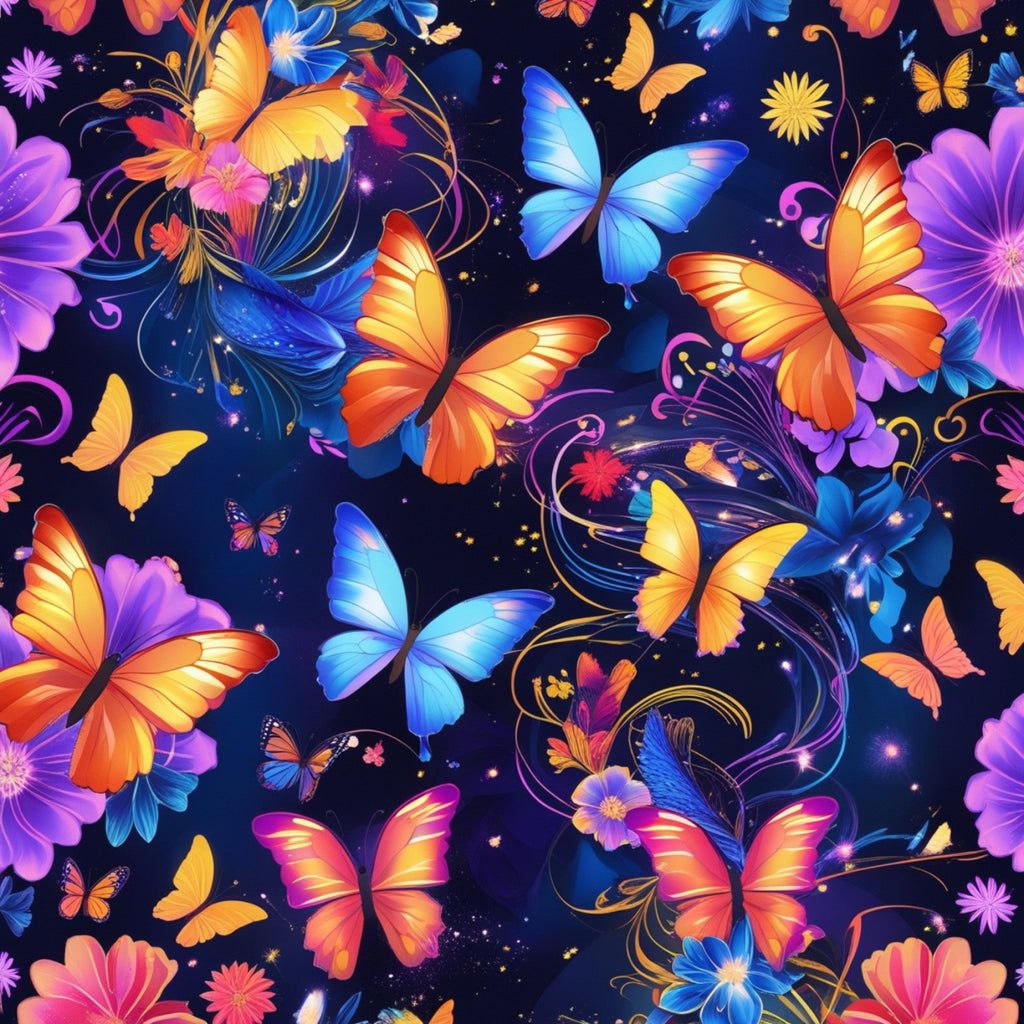 butterflies, fantasy pattern,, fabric panel, vibrant colors, deep blue background, orange butterflies, purple flowers, blue butterflies, yellow accents, pink florals, magical swirls, whimsical design, nature motifs, colorful wings, floral elements, sparkle effects, dreamy atmosphere, gradient colors, artistic butterflies