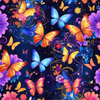 butterflies, fantasy pattern,, fabric panel, vibrant colors, deep blue background, orange butterflies, purple flowers, blue butterflies, yellow accents, pink florals, magical swirls, whimsical design, nature motifs, colorful wings, floral elements, sparkle effects, dreamy atmosphere, gradient colors, artistic butterflies