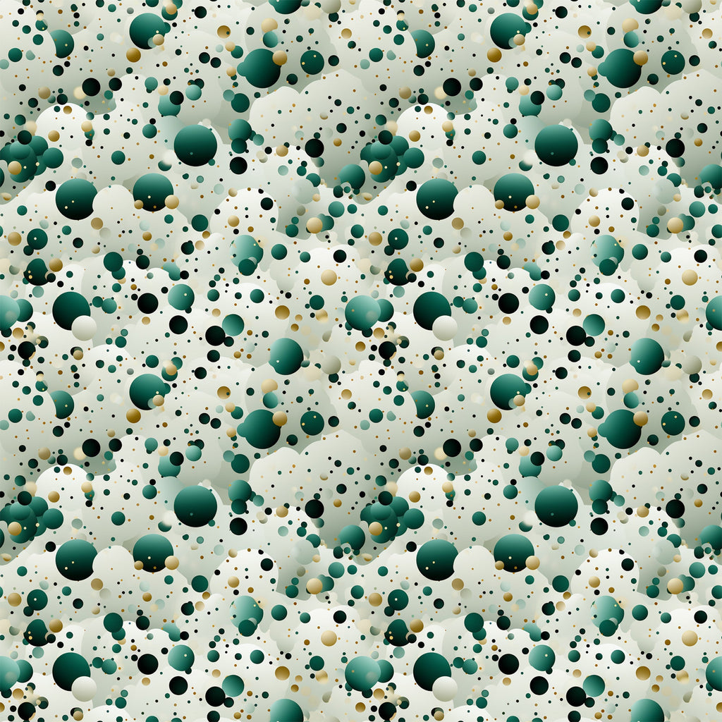 green, teal, emerald, black, gold, cream, beige, confetti pattern, polka dots, circles, scattered dots, random placement, abstract design, geometric shapes, festive, celebratory, modern style,, fabric panel, party theme, bubble pattern