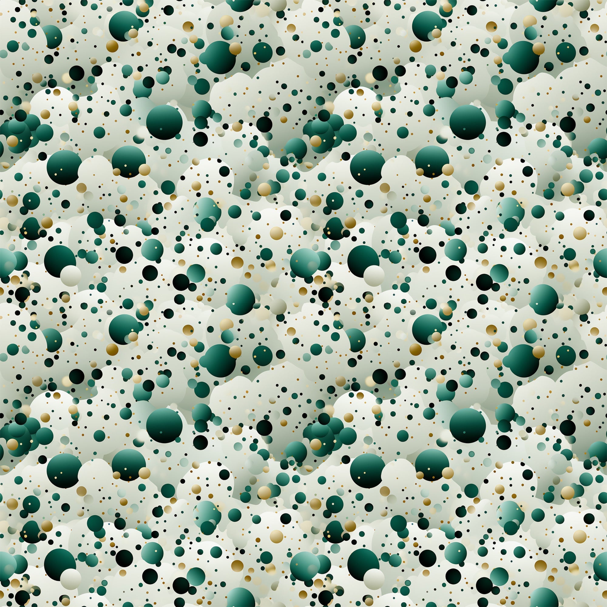 green, teal, emerald, black, gold, cream, beige, confetti pattern, polka dots, circles, scattered dots, random placement, abstract design, geometric shapes, festive, celebratory, modern style,, fabric panel, party theme, bubble pattern