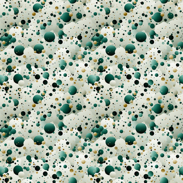 green, teal, emerald, black, gold, cream, beige, confetti pattern, polka dots, circles, scattered dots, random placement, abstract design, geometric shapes, festive, celebratory, modern style,, fabric panel, party theme, bubble pattern