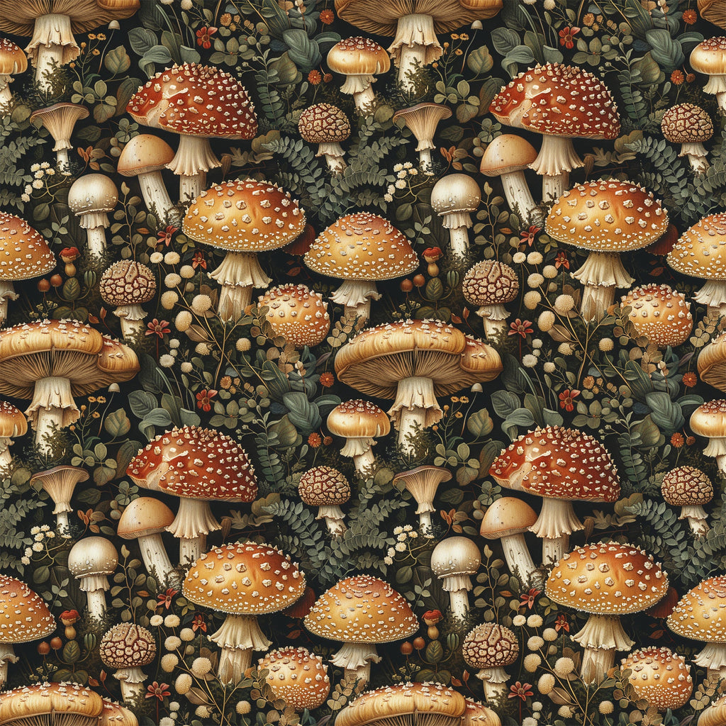 mushrooms, botanical, retro, vintage style, forest floor, fungi, spotted mushrooms, red caps, orange caps, brown stems, cream colored, sage green, dark background, ferns, leaves, berries, woodland scene, nature pattern,, fabric panel, earthy tones, autumn colors