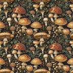 mushrooms, botanical, retro, vintage style, forest floor, fungi, spotted mushrooms, red caps, orange caps, brown stems, cream colored, sage green, dark background, ferns, leaves, berries, woodland scene, nature pattern,, fabric panel, earthy tones, autumn colors