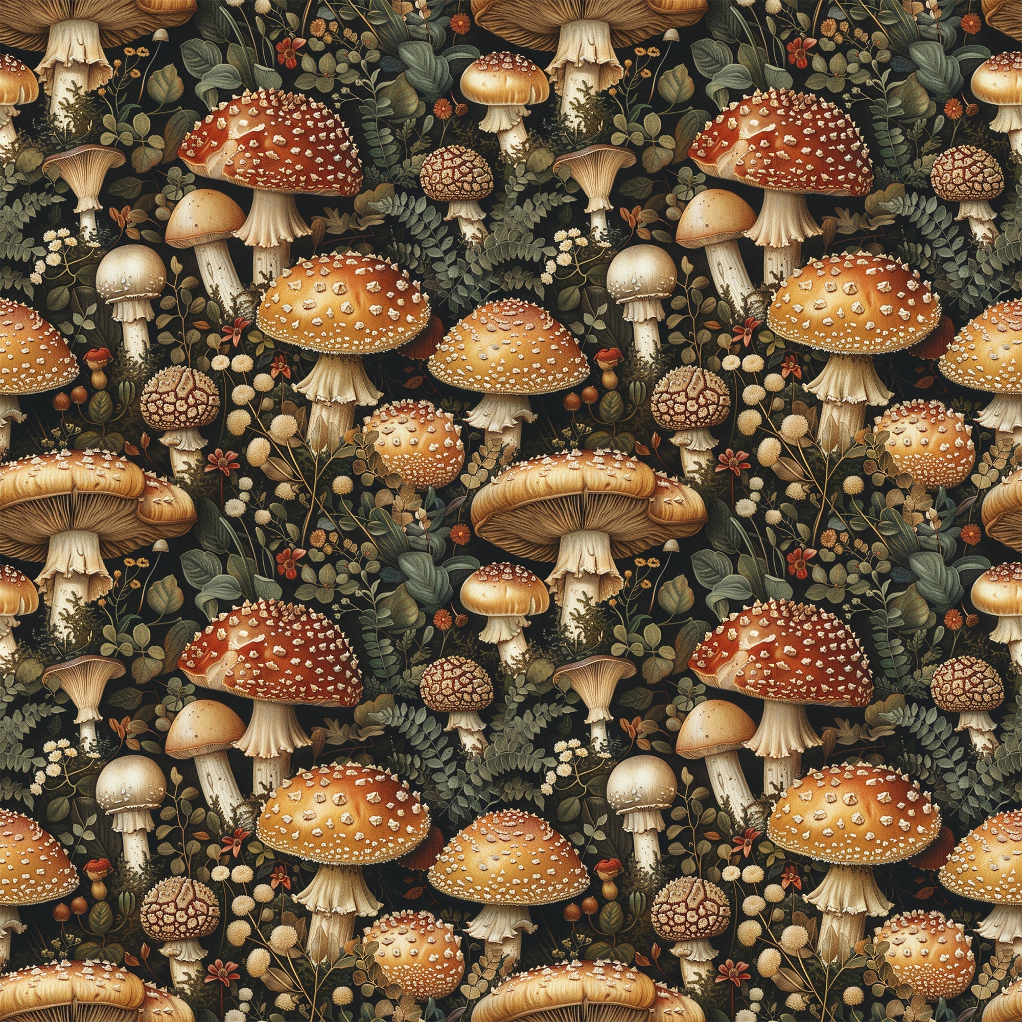 mushrooms, botanical, retro, vintage style, forest floor, fungi, spotted mushrooms, red caps, orange caps, brown stems, cream colored, sage green, dark background, ferns, leaves, berries, woodland scene, nature pattern,, fabric panel, earthy tones, autumn colors