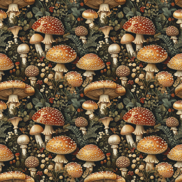 mushrooms, botanical, retro, vintage style, forest floor, fungi, spotted mushrooms, red caps, orange caps, brown stems, cream colored, sage green, dark background, ferns, leaves, berries, woodland scene, nature pattern,, fabric panel, earthy tones, autumn colors