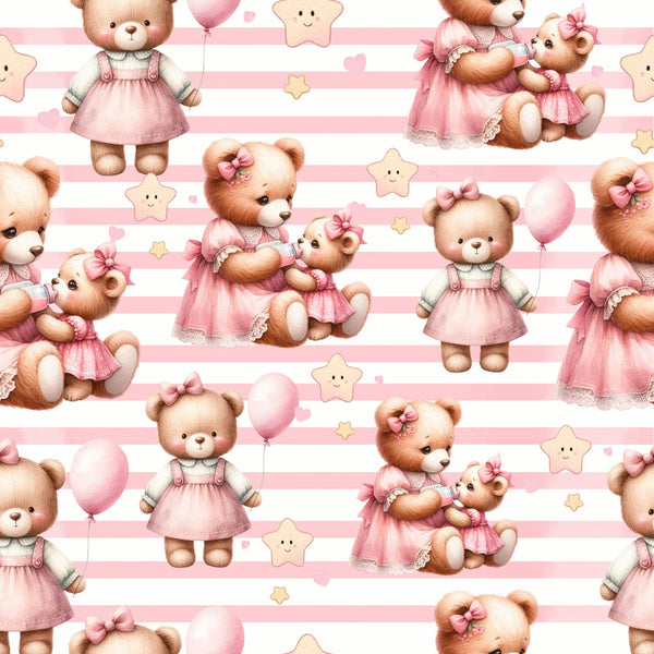 pink, baby bears, teddy bears, striped background, white stripes, pastel colors, cute animals, nursery theme, baby fabric,, fabric panel, kawaii style, adorable characters, pink dresses, balloons, stars, children's fabric, soft colors, repeating pattern, playful design
