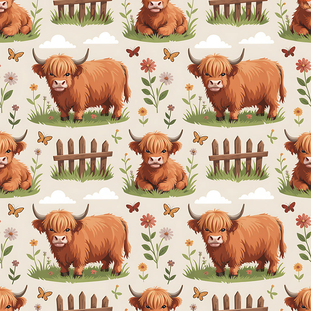 highland cows, cartoon style, orange fur, brown horns, pastoral scene, wooden fence, green grass, butterflies, wildflowers, clouds,, fabric panel, repeating pattern, farm animals, countryside, whimsical art, beige background, nature elements, cute characters, children's fabric