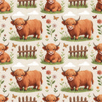 highland cows, cartoon style, orange fur, brown horns, pastoral scene, wooden fence, green grass, butterflies, wildflowers, clouds,, fabric panel, repeating pattern, farm animals, countryside, whimsical art, beige background, nature elements, cute characters, children's fabric