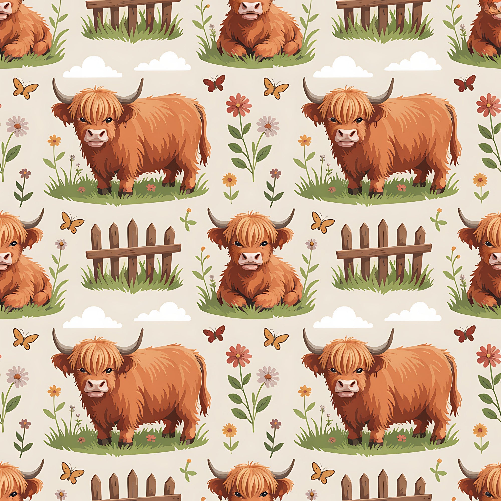 highland cows, cartoon style, orange fur, brown horns, pastoral scene, wooden fence, green grass, butterflies, wildflowers, clouds,, fabric panel, repeating pattern, farm animals, countryside, whimsical art, beige background, nature elements, cute characters, children's fabric