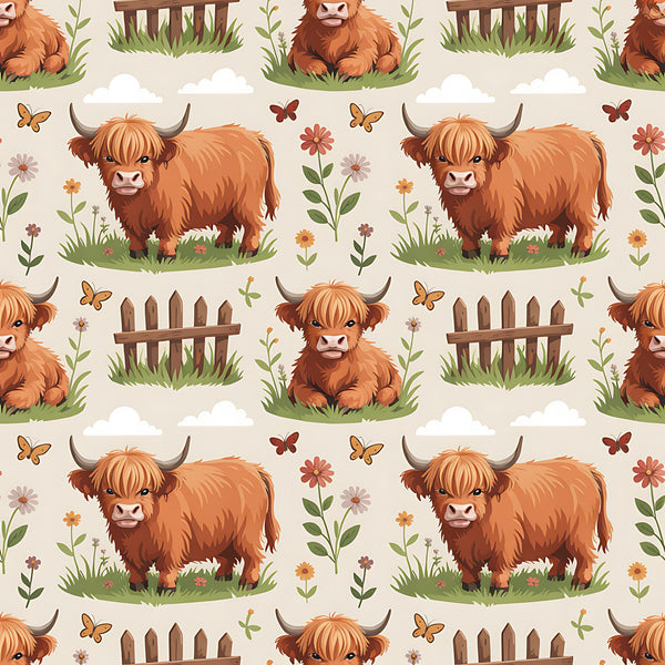 highland cows, cartoon style, orange fur, brown horns, pastoral scene, wooden fence, green grass, butterflies, wildflowers, clouds,, fabric panel, repeating pattern, farm animals, countryside, whimsical art, beige background, nature elements, cute characters, children's fabric