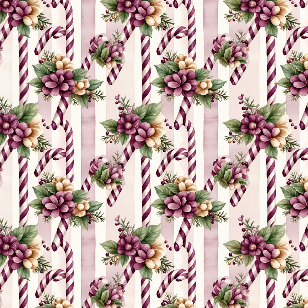 plum purple, dusty rose, cream, mauve, soft pink, floral, striped, candy cane, botanical, vintage, elegant, romantic, traditional, flowers, berries, greenery, leaves, holiday, christmas, festive, whimsical, cottage core, spring, summer, garden, nature-inspired, delicate, feminine, classic, timeless