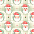 sage green, cream, red, coral pink, christmas, holiday, santa, santa claus, whimsical, festive, gingham check, checkered, traditional, vintage, children's, kids, nursery, playroom, cheerful, jolly, bearded santa, red hat, white beard, winter, december, gift fabric, seasonal, retro, cute, charming
