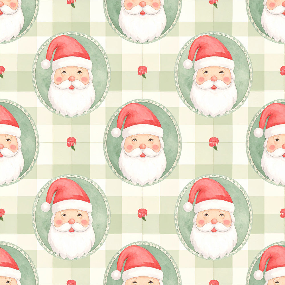 sage green, cream, red, coral pink, christmas, holiday, santa, santa claus, whimsical, festive, gingham check, checkered, traditional, vintage, children's, kids, nursery, playroom, cheerful, jolly, bearded santa, red hat, white beard, winter, december, gift fabric, seasonal, retro, cute, charming