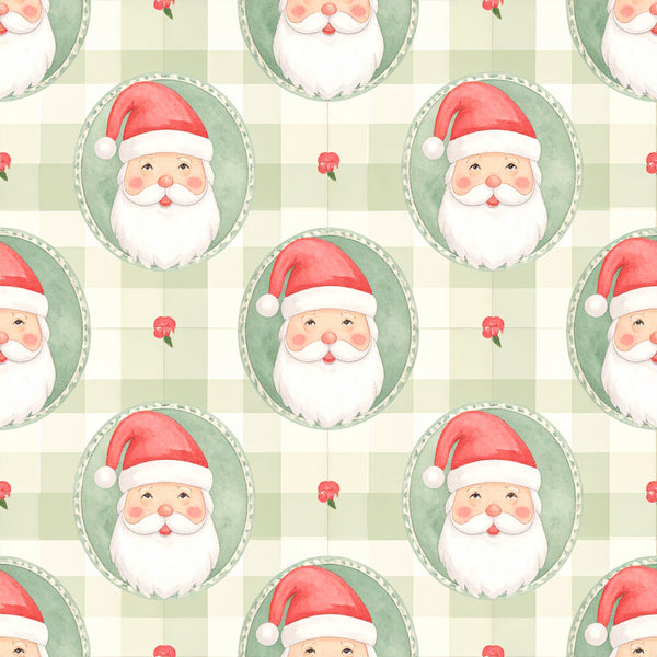 sage green, cream, red, coral pink, christmas, holiday, santa, santa claus, whimsical, festive, gingham check, checkered, traditional, vintage, children's, kids, nursery, playroom, cheerful, jolly, bearded santa, red hat, white beard, winter, december, gift fabric, seasonal, retro, cute, charming