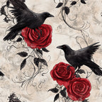 black birds, crimson red roses, deep red flowers, elegant design, gothic style, ornamental vines, vintage botanical, dark romantic, raven motif, rose garden, decorative leaves, cream background, dramatic contrasts, nature inspired, classic romance, sophisticated pattern, traditional floral, intricate details, birds and flowers, deep jewel tones, moody aesthetic, literary inspired, timeless design, ornate scrollwork, luxe aesthetic