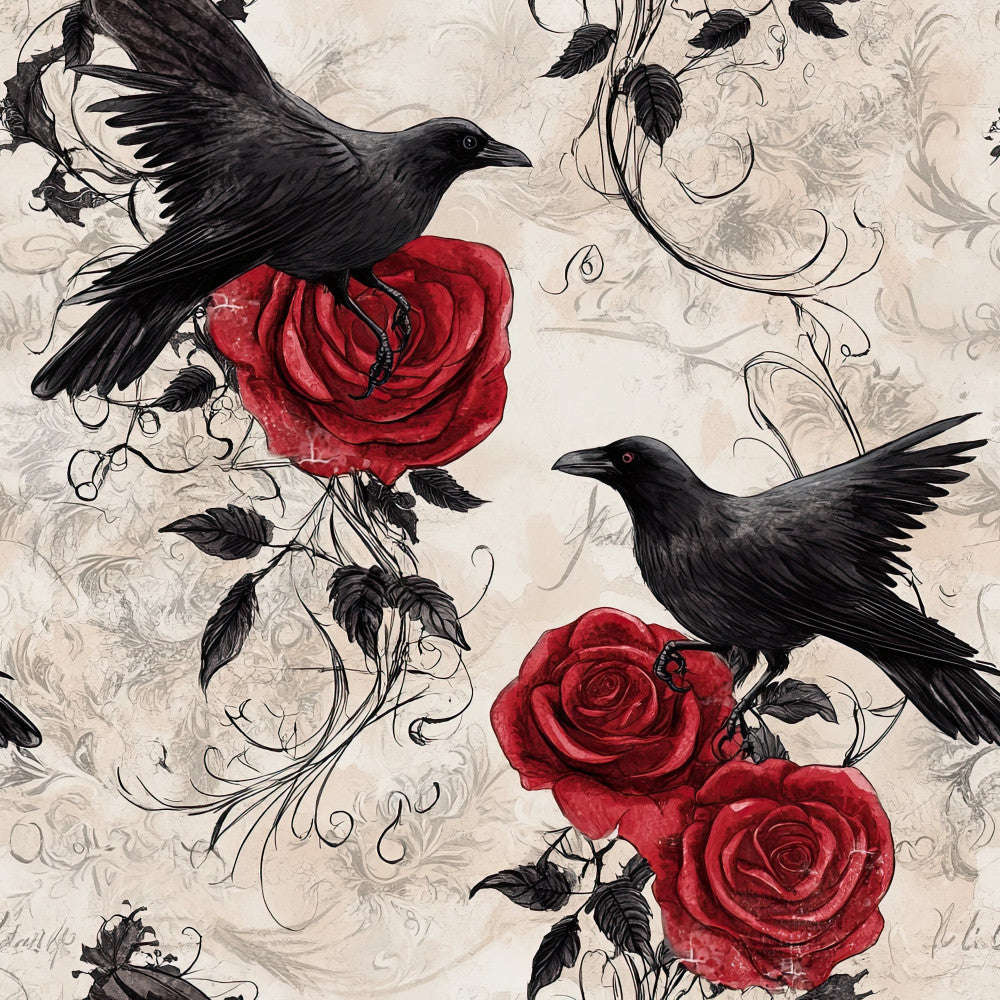 black birds, crimson red roses, deep red flowers, elegant design, gothic style, ornamental vines, vintage botanical, dark romantic, raven motif, rose garden, decorative leaves, cream background, dramatic contrasts, nature inspired, classic romance, sophisticated pattern, traditional floral, intricate details, birds and flowers, deep jewel tones, moody aesthetic, literary inspired, timeless design, ornate scrollwork, luxe aesthetic