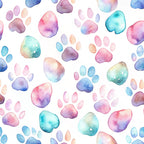 watercolor paws, dog paw prints, pastel colors, pink hues, blue tones, purple shades, turquoise accents, peach colors, gradient effects, whimsical style, pet themed, animal prints, soft pastels,, fabric panel, scattered pattern, playful design, artistic watercolor, cute paws, crafting material