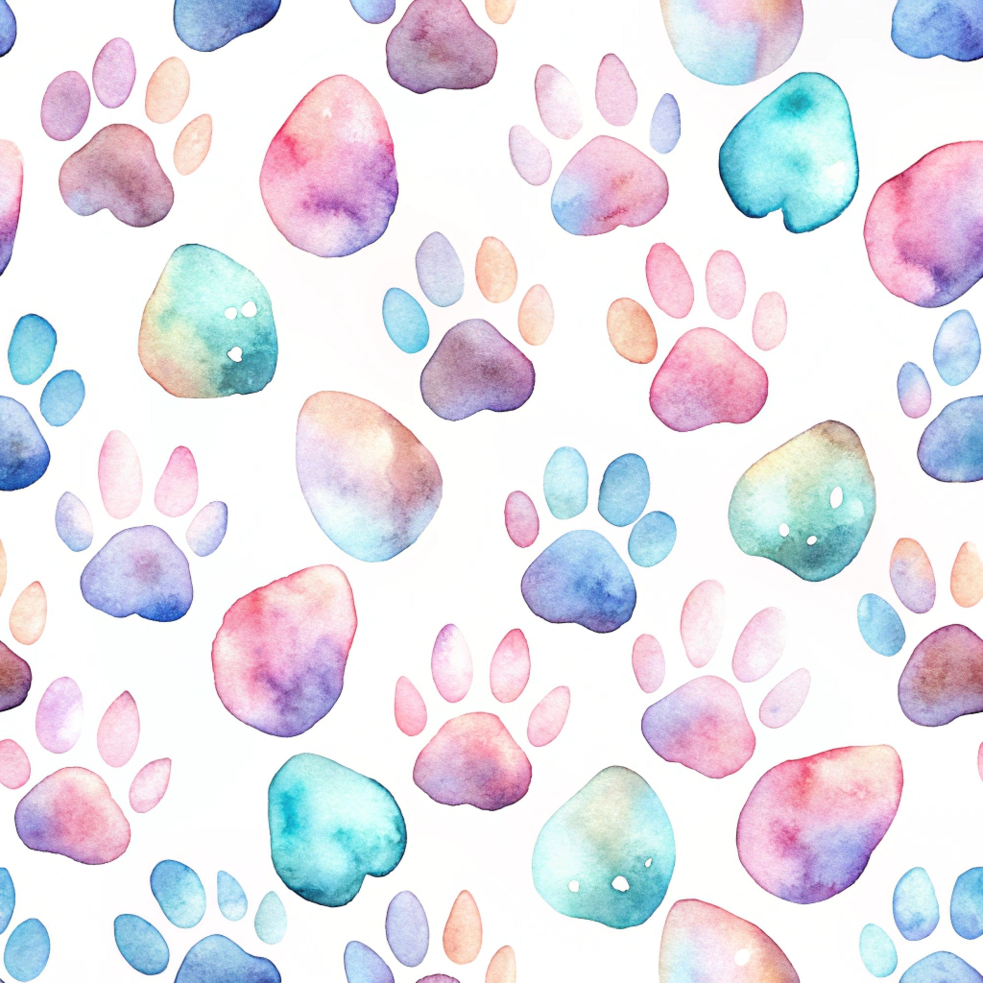 watercolor paws, dog paw prints, pastel colors, pink hues, blue tones, purple shades, turquoise accents, peach colors, gradient effects, whimsical style, pet themed, animal prints, soft pastels,, fabric panel, scattered pattern, playful design, artistic watercolor, cute paws, crafting material