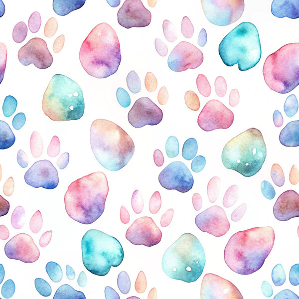 watercolor paws, dog paw prints, pastel colors, pink hues, blue tones, purple shades, turquoise accents, peach colors, gradient effects, whimsical style, pet themed, animal prints, soft pastels,, fabric panel, scattered pattern, playful design, artistic watercolor, cute paws, crafting material