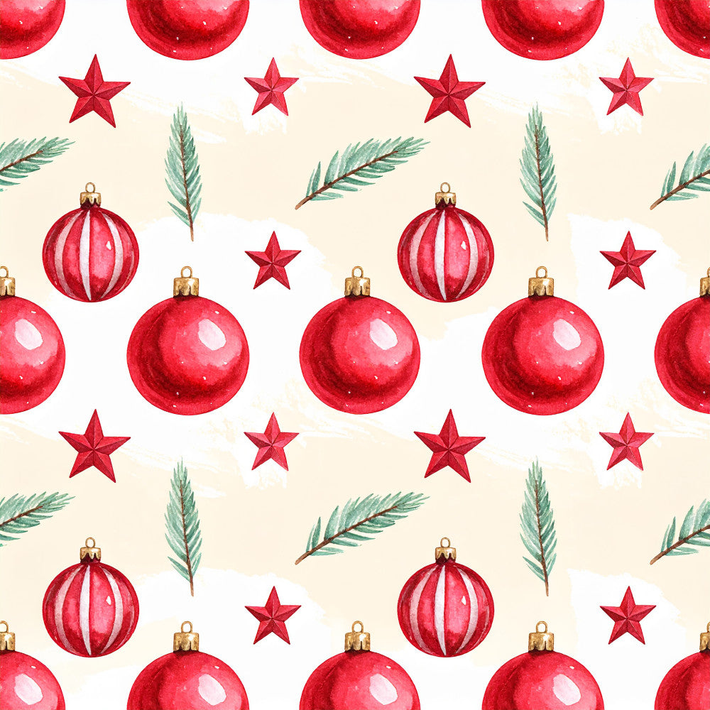 red ornaments, christmas, holiday, festive, red stars, evergreen branches, gold accents, crimson red, deep red, cream background, traditional, elegant, seasonal, winter, decorative baubles, striped ornaments, shiny ornaments, nature inspired, botanical, timeless, classic christmas, holiday decor, tree decorations, vintage inspired, warm tones, neutral background, repeating pattern