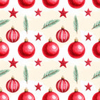 red ornaments, christmas, holiday, festive, red stars, evergreen branches, gold accents, crimson red, deep red, cream background, traditional, elegant, seasonal, winter, decorative baubles, striped ornaments, shiny ornaments, nature inspired, botanical, timeless, classic christmas, holiday decor, tree decorations, vintage inspired, warm tones, neutral background, repeating pattern