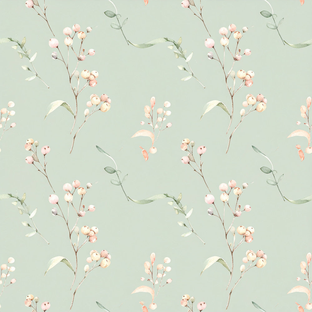sage green, dusty rose, blush pink, soft pink, cream, pale peach, botanical, floral, delicate flowers, nature, spring, garden, berries, branches, leaves, foliage, watercolor, soft, gentle, whimsical, romantic, feminine, nursery, baby, vintage, natural, elegant, peaceful, calming, baby shower