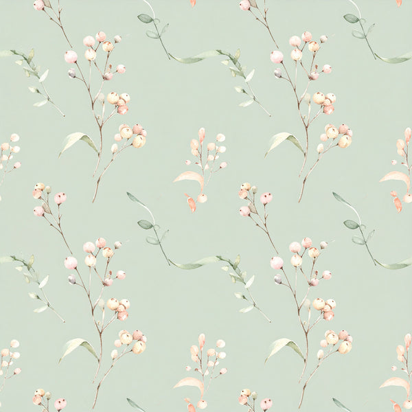 sage green, dusty rose, blush pink, soft pink, cream, pale peach, botanical, floral, delicate flowers, nature, spring, garden, berries, branches, leaves, foliage, watercolor, soft, gentle, whimsical, romantic, feminine, nursery, baby, vintage, natural, elegant, peaceful, calming, baby shower