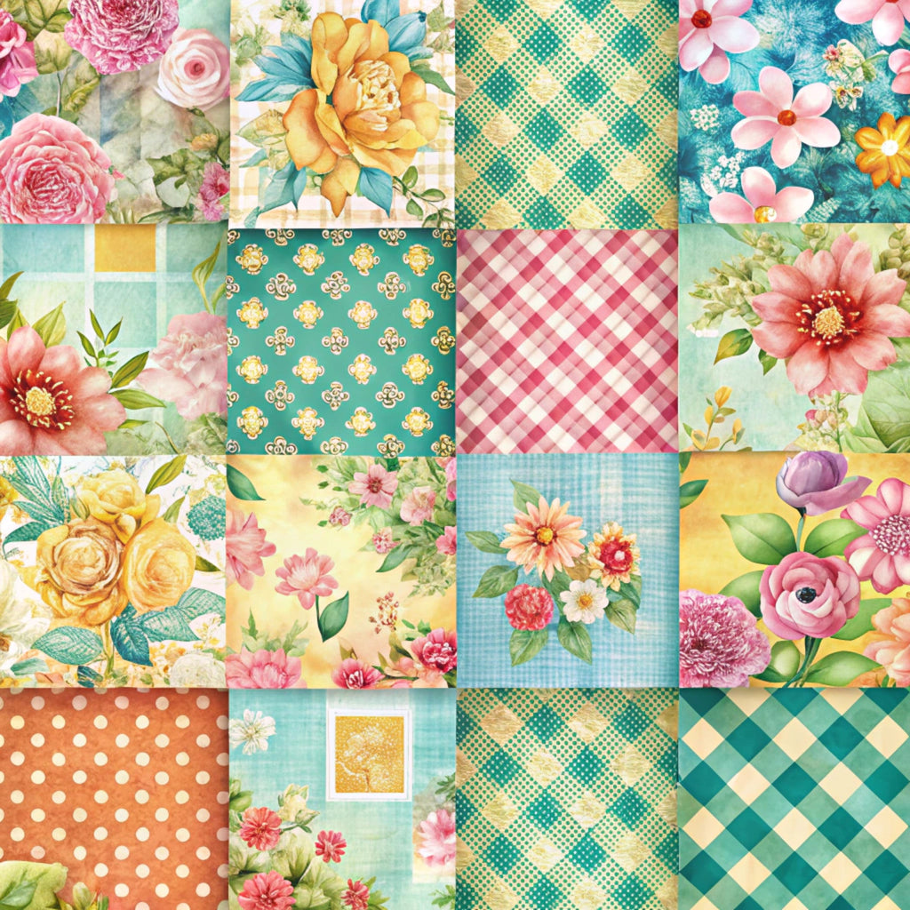spring patchwork,, fabric panel, floral motifs, pink roses, yellow flowers, teal background, coral blooms, gingham checks, polka dots, diagonal plaid, ornate medallions, botanical illustrations, pastel palette, cottage core, vintage florals, mixed patterns, coordinating squares, soft watercolors, garden blooms